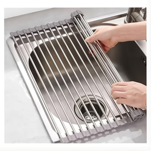 SYLYNR Over Sink Drainer Rack, Foldable Stainless Steel Dish Drying, Dish Drainer Rack for Mugs, Fruit, Vegetables, Tableware, Draining Board Rack, Kitchen Plate Rack, 18 Tube,47 x 35cm, Grey