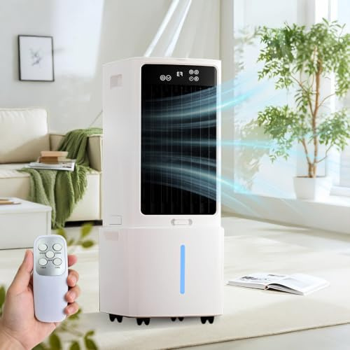 12L Rafraîchisseur d'Air, 3 Vitesses, Climatiseur Mobile avec Télécommande, Minuterie 1-12h, Oscillation 60°, avec Réservoir amovible, Silencieux Climatiseur Portable pour Camping Chambre Cuisine