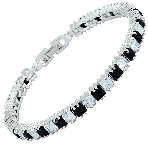 RIVA Eiswürfel Tennis Armband [18cm/7inch] mit Prinzessschliff Edelstein Zirkonia CZ [Schwarz Onyx] in 18K Weißgold Vergoldet, Einfache Moderne Eleganz