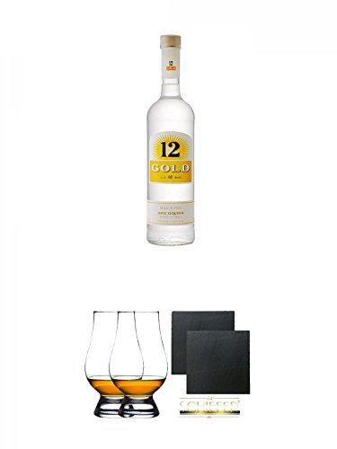 Ouzo 12 Gold Aperitif aus Griechenland 0,7 Liter + The Glencairn Glas Stölzle 2 Stück + Schiefer Glasuntersetzer eckig ca. 9,5 cm Ø 2 Stück