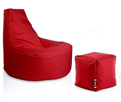 PATCH HOME Gamer Sessel Sitzsack inkl. Würfel Bean Bag Set Ø80cm, 30cm Sitzhöhe, 90cm Höhe + 35x35cm Würfel Rot
