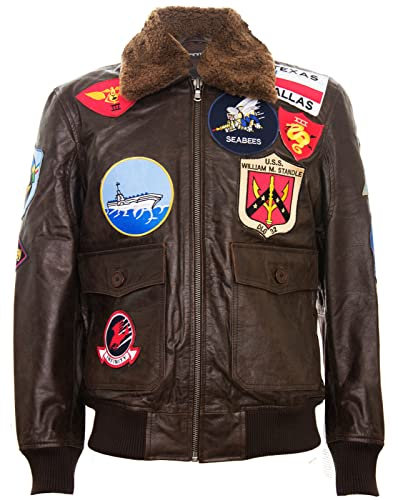 Men's Brown Air Force A2 Flight Leather Bomber Jacket with Sheepskin Collar and Patches L