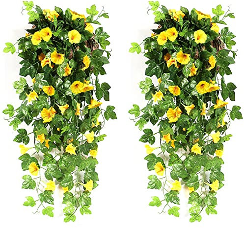 MJARTORIA 2PCS Artificial Wisteria Vine Artificial Hanging Flowers Fake Plants for Garden Fence Balcony Outdoor Inside Decoration (Yellow flower-green, 90 cm)