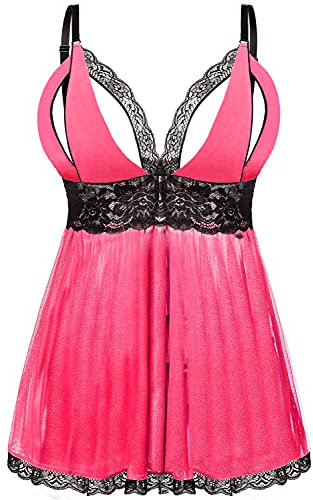 EVELIFE Femme Babydoll Ensemble Lingerie Grande Taille Dentelle Chemise Vêtement de Nuit Sexy Robe avec G-String(Rose XXL)