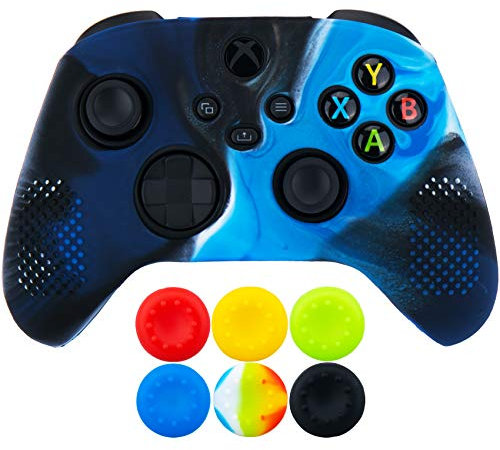 9CDeer 1 x Silicona Protector Cubrir Piel + 6 Apretones de Pulgar y Tapones a Prueba de Polvo para Xbox Series X/S Mando Camuflaje Azul