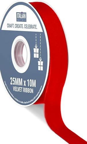 Italian Options Velvet Ribbon, Luxury, Single-Face Velvet Ribbon for Crafting, Christmas, Bows, Hair, Cakes, Weddings, Ornaments, Gift Wrapping, Flowers, 25mm x 10 Metre Roll, Red