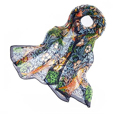 Signare Women's 100% Silk Lightweight and soft Scarf/Headwear with William Morris Design (Strawberry Thief Blue)