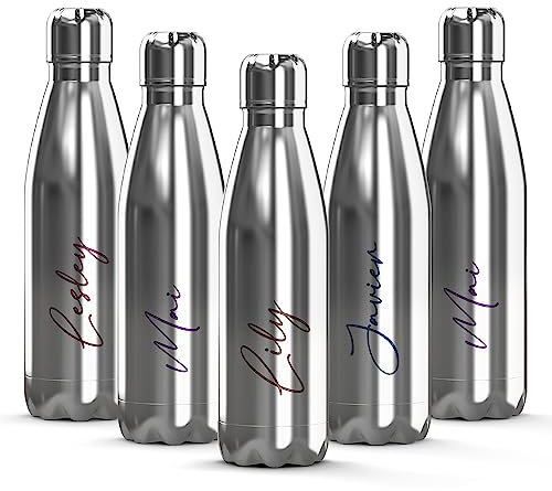 Print Maniacs Personalised Stainless Steel Water Bottle Any Name Thermal Vacuum Insulated Metal Water Bottle for 12 Hours Hot & 24 Hours Cold Drinks Sports Flask Work Gym Travel 500ml (Silver)