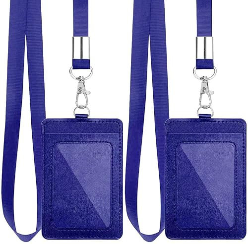 Lot de 2 porte-badges verticaux en cuir synthétique avec cordon en nylon détachable de 56 cm pour bureau, école, permis de conduire (bleu)
