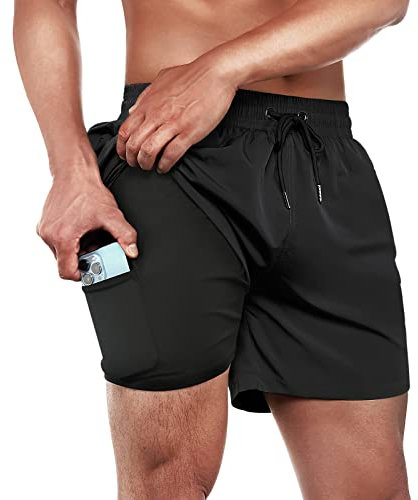 ineepor Badehose Herren mit Kompression Badehose mit innenhose Board Shorts 2 in 1 Reißverschlusstasche kurz Badehose,Schwarz,L