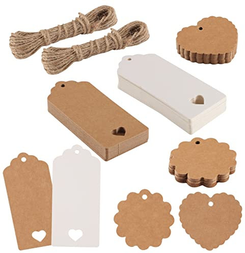 100 Stück Geschenkanhänger Kraftpapier, Kraftpapier Anhänger Beschriften Papieranhänger mit 16m Jute Schnur Blanko Geschenkanhänger für Hochzeit Geburtstag Geschenke Handmade Label