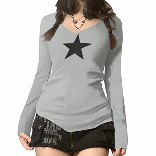 Women Y2k Vintage Graphic Print Crop Tee Aesthetic Grunge Long Sleeve T-Shirt Star Printed Gothic Punk Pullover Blouse Top Streetwear (A Grey, M)