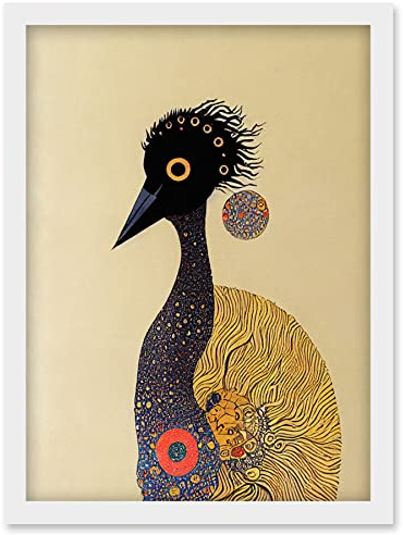Wee Blue Coo Surreal Abstract Ostrich Emu Klimt Style Painting Artwork Framed Wall Art Print A4
