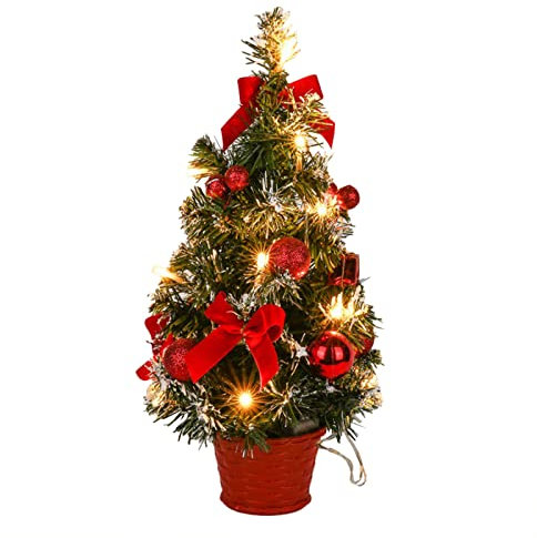 Albero di Natale Artificiale Luminoso con Neve Bianche, 40 cm Piccolo Albero di Natale da Tavolo LED Ghirlande Luminose con Fiocco e Mela di Pino per Decorazioni Tavolo Natale (B)