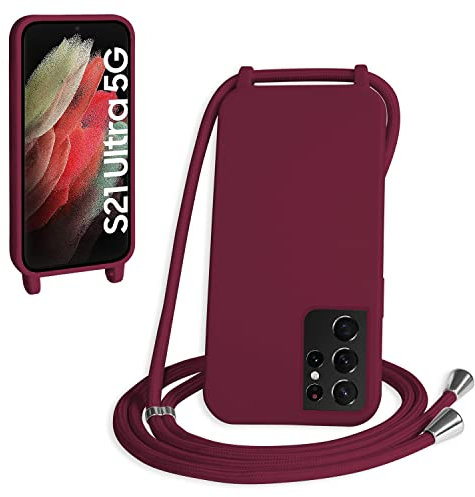 WenBaby Funda con Cuerda para Samasung Galaxy S21 Ultra, Líquida Silicona Carcasa con Cordón Ajustable Collar Correa de Cuello, Cubierta Prueba Golpes con Microfibra Forro (Rojo)