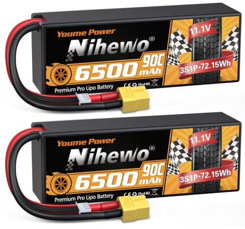 Nihewo 3S Lipo Battery Pack,2Packs 11.1V Lipo Battery 6500mAh 90C Hard Case Lipo Batteries XT60 Connector Compatible with 1/8 1/10 RC Car Truck Truggy Vehicles Tank Boat Airplane Models