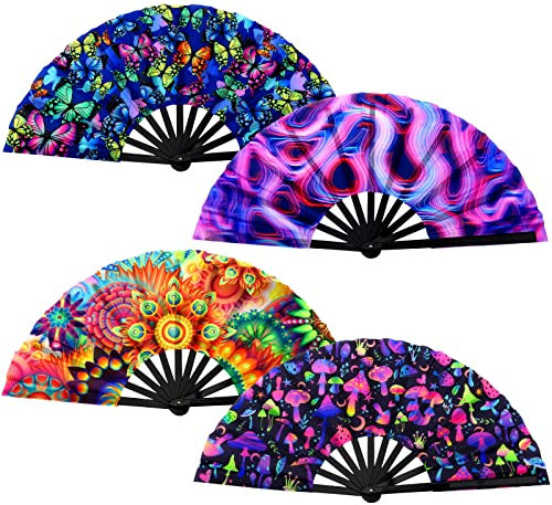BBTO 4 Pcs Clap Fans for Line Dancing UV Glow Large Folding Hand Rave Fan Men Women Chinese Japanese Bamboo Clack Hand Fan for EDM Music Festival Club Party Dance Gift, 4 Styles, 25(Fresh)