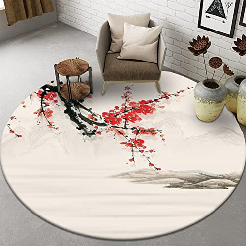 Highdi Tapis Rond Salon, Style Chinoise Moderne Tapis de Sol Décoration Antidérapant pour Salon Chambre Cuisine Balcon Terrasse Salle à Manger Intérieur & Extérieur (120cm,Plum Bossom)