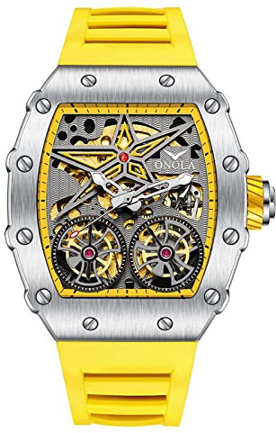 FORSINING Montre pour homme en forme de tonneau squelette mécanique automatique grand cadran tendance Business Dress Montres bracelet en silicone, jaune, Sangle