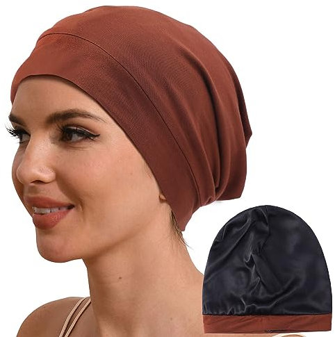 Hat Hut Seidenmütze Schlafmütze aus 100% Maulbeerseide gefüttert, Silk Bonnet, Haube für lockiges Haar, Schlafhaube zum Schlafen, Slouchy Beanie (1-Tizian-Rot)