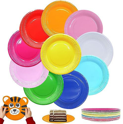 Rund Pappteller, 100 Stück DIY Bunt Papptelle, Party Pappteller, Einwegteller, 100% biologisch abbaubar und kompostierbar, Für Feste und Feiern wie Geburtstag oder Grillabend