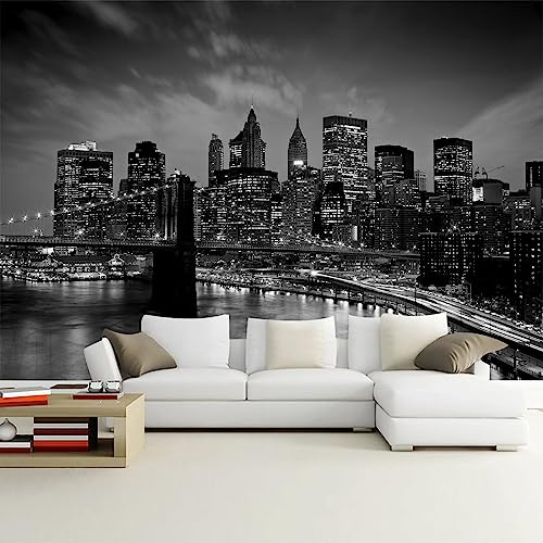 WFBHUA-Brooklyn Bridge Wall Mural Black New York City Landscape Photo Wallpaper for Living Room Bedroom-170 X110(Not Peel and Stick)