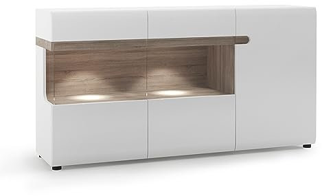 Lomadox Sideboard mit Glasrahmentüren, 164cm breit, in weiß Hochglanz mit Trüffel Eiche Nb., B/H/T ca. 164/86,5/42 cm