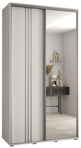 MEBLE KRYSPOL Davos 7 130 Schlafzimmerschrank mit Zwei Schiebetüren - Moderner Aufbewahrungsschrank mit Spiegel, Kleiderstange und Regalen - 235,2x130x60 cm - Weiß Weiß Silber