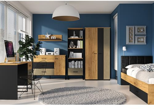 Lomadox Jugendzimmer Set 6-teilig mit Bett 90x200cm, Kleiderschrank, Regal, Sideboard, Schreibtisch, Wandboard in Eiche schwarz Sandfarben modern