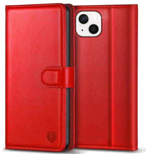 Kuafcase Compatible for iPhone 13 Case with 4 Card Slots Magnetic Closure Kickstand Shockproof Protective Phone Case Compatible for iPhone 13 - Red