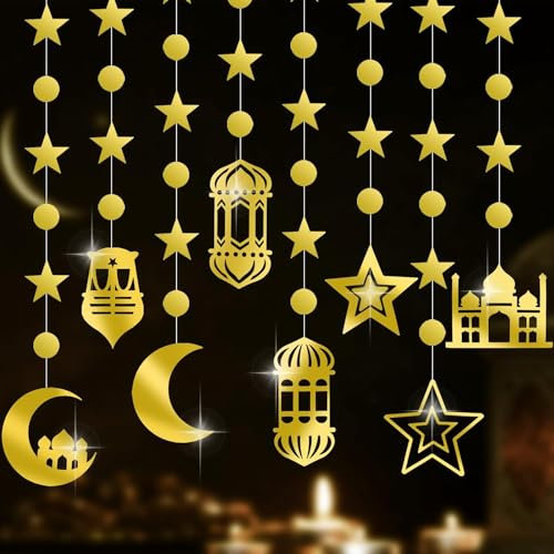 XINDY 8 Stück Gold Ramadan Girlanden Eid Mubarak Dekoration Ramadan Mubarak Girlande Stern Mond Laternen Girlande Banner Hängedeko für Ramadan Deko Eid Islam Muslimische Party Ramadan Kareem Deko