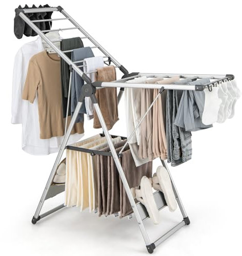 COSTWAY Sechoir à Linge Pliable, Étendoir Linge Intérieur en Alu 2 Niveaux, Tancarville Linge Solide avec 21 Barres, 4 Porte-Chaussures, 10 Pinces, Seche Linge Intérieur Extérieur, Étendage pour Linge