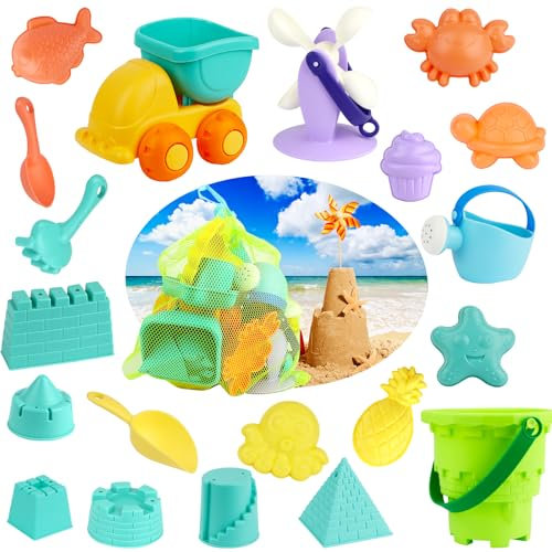 Powmag Jouet de Plage Enfant, 21 pcs Jeux de Plage, Kit de Jeux de Plage, Jouet de Plage Enfant avec Sac, Bac à Sable Jouets de Plage Sable de Voyage, pour Enfants Garçons Filles