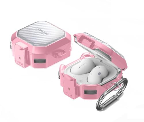 KQXG Case for Samsung Galaxy Buds Live/Buds FE/Buds 2 / Buds Pro/Buds 2 Pro - Soft Silicone & Hard PC, Transparent with Carbon Fiber Texture, Shockproof, Secure Lock, Metal Hook -Pink