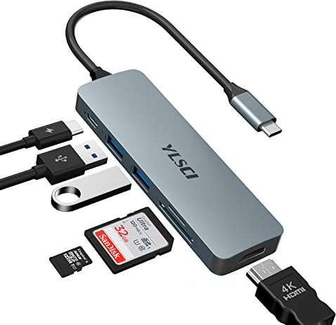 YLSCI USB Port Hub, 6-in-1 Adapter mit 4K HDMI Ausgang, 100W PD, 2 x USB 3.0-Anschlüsse, SD/TF-Kartenleser für MacBook Pro, Air, Dell, Lenovo