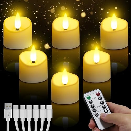 daphomeu Wiederaufladbare Flammenlose LED Teelichter 6 Stück | mit Timerfunktion und Fernbedienung, Flammenlose Teelichter mit 6-in-1 Ladekabel für Hochzeit Weihnachten Heimdekoration