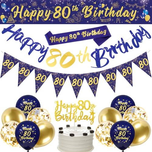 Navy Blue Gold 80th Birthday Party Decorations - Happy Birthday Banner, Triangle Flag Banner, Confetti Latex Balloons