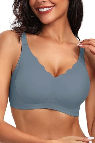 Vertvie Bras for Women Non Wired Seamless Wireless Push Up Bra Comfort Support Full Coverage Bralettes Scalloped Padded Sports Everyday Bra (Grey Blue,M)