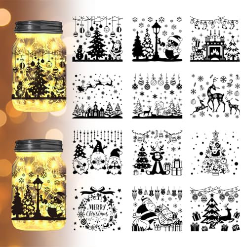 INFUNLY Set Mit 9 Einmachglas Aufklebern Mit Weihnachtsmotiv 3.9x3.5{1} cm Weihnachtsaufkleber Elch Weihnachtsmann Schneemann Baum Silhouette Ausschnitte Für Zuhause Wände Fenster Scrapbook Dekoration