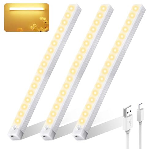 3 Pack Wireless Under Cabinet Kitchen Lights,LED Motion Sensor Cupboard Lights,Indoor USB Rechargeable Closet Light Magnetic Night Light 200mAh Wardrobe Stick On Light for Stairs Hallway (30CM Warm)