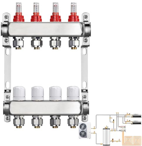 Distribuidor Circuito Calefacción, Calefacción Por Suelo Radiante 4 Circuitos Caudalímetro Suelo Radiante Sistema Calefacción Por Suelo Radiante Acero Inoxidable Con Caudalímetro Rosca Exterior 3/4