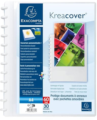Exacompta - Réf. 86371E - Carton de 4 Protège-documents amovible à anneaux avec 30 pochettes grainées détachables - 60 vues - A4 - dim 24,5x31cm - couverture rigide personnalisable Kreacover - blanc