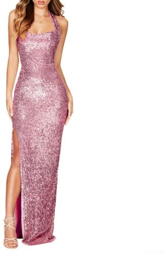Robe glamour à paillettes avec fente pour femmes pour événements et rassemblements (M rose)
