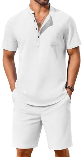 COOFANDY Herren 2-teiliges Baumwoll-Leinen-Sets, Sommer-Strand-Outfits, lässig, kurzärmelig, Henley-Shirts und Urlaubs-Shorts, Farbe: Weiß, X-Large