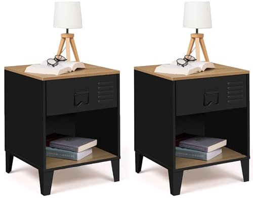 IDMarket - Set mit 2 Nachttischen Ester 1 Schublade aus schwarzem Metall mit Nische und Tablett aus Buchenholz Industriedesign