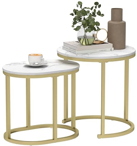 HOMCOM Lot de 2 Tables Basses Tables d'appoint gigognes en Acier et Plateau MDF Aspect marbre - Table Ronde et Ovale - Or
