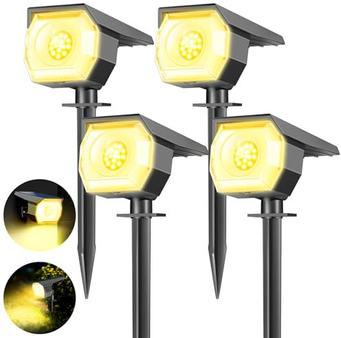 Lot de 4 Lampe Solaire Exterieur, 3 Modes Spot Solaire Exterieur Jardin, Fonction 2 en 1 et IP67 Étanche, 800lm 3000K Super Brillante lumiere solaire Pour Arbre, Cour, Allée, Chemin, Warm