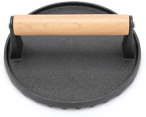 M.J COMFY-LIFE Cast Iron Press 7 Inch Round Grill Press for Kitchen Nonstick Heavy Duty Burger Weight Press with Wooden Handle for Bacon Burger Steak