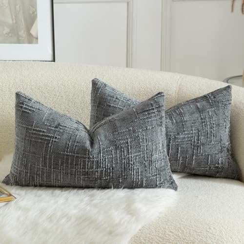 Mandioo 2er Set Chenille Kissenbezug Dekorativer Kissenbezüge Gemütlicher weichen Kissenhülle Sofakissen Dekokissen Couchkissen Zierkissenbezug Schlafzimmer Wohnzimmer 30x50 cm Dunkelgrau