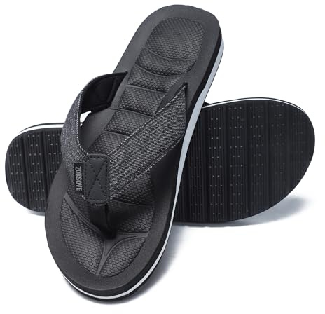 Mens Canvas Flip Flops with Arch Support - Comfort Foam Thong Beach Sandals - Waterproof Casual Flat Slides House Slippers, Black, 9 UK